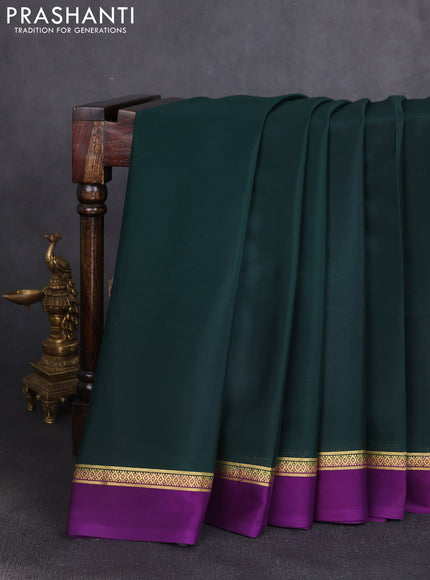 Pure mysore silk saree bottle green and purple with plain body and zari woven simple border