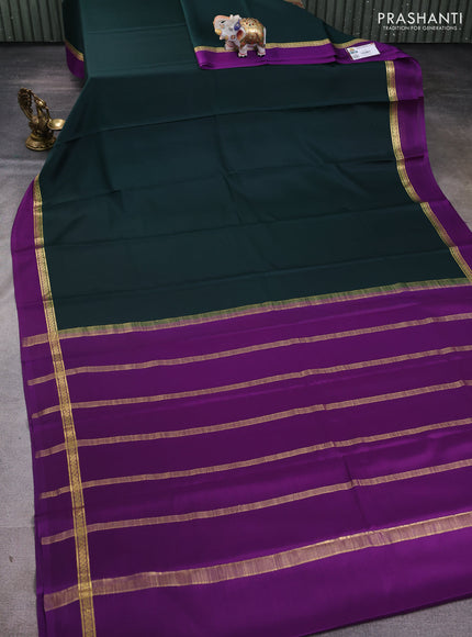 Pure mysore silk saree bottle green and purple with plain body and zari woven simple border