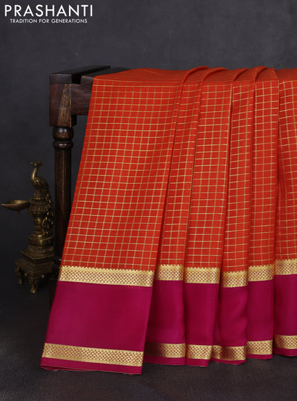 Pure mysore silk saree orange and pink with allover zari woven checked pattern and rettapet zari woven border