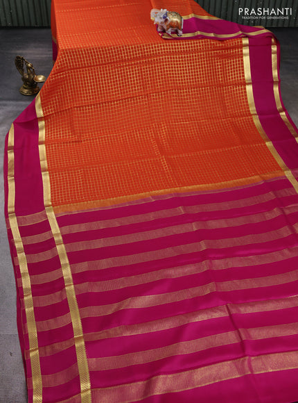 Pure mysore silk saree orange and pink with allover zari woven checked pattern and rettapet zari woven border