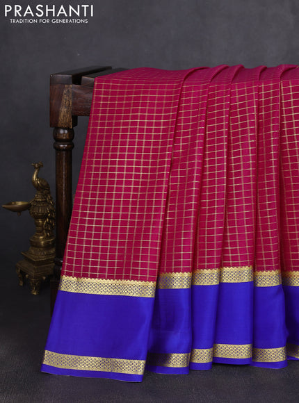 Pure mysore silk saree dark pink and royal blue with allover zari woven checked pattern and rettapet zari woven border