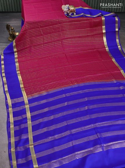 Pure mysore silk saree dark pink and royal blue with allover zari woven checked pattern and rettapet zari woven border