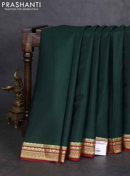 Pure mysore silk saree bottle green and maroon with plain body and zari woven border
