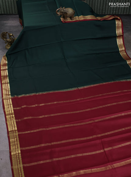 Pure mysore silk saree bottle green and maroon with plain body and zari woven border