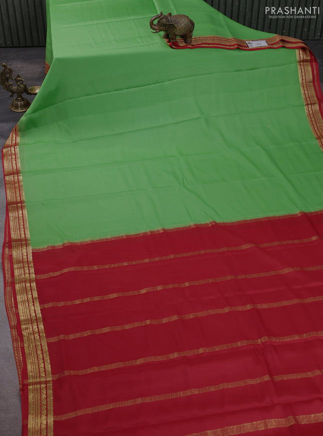 Pure mysore silk saree green shade and red with plain body and zari woven border