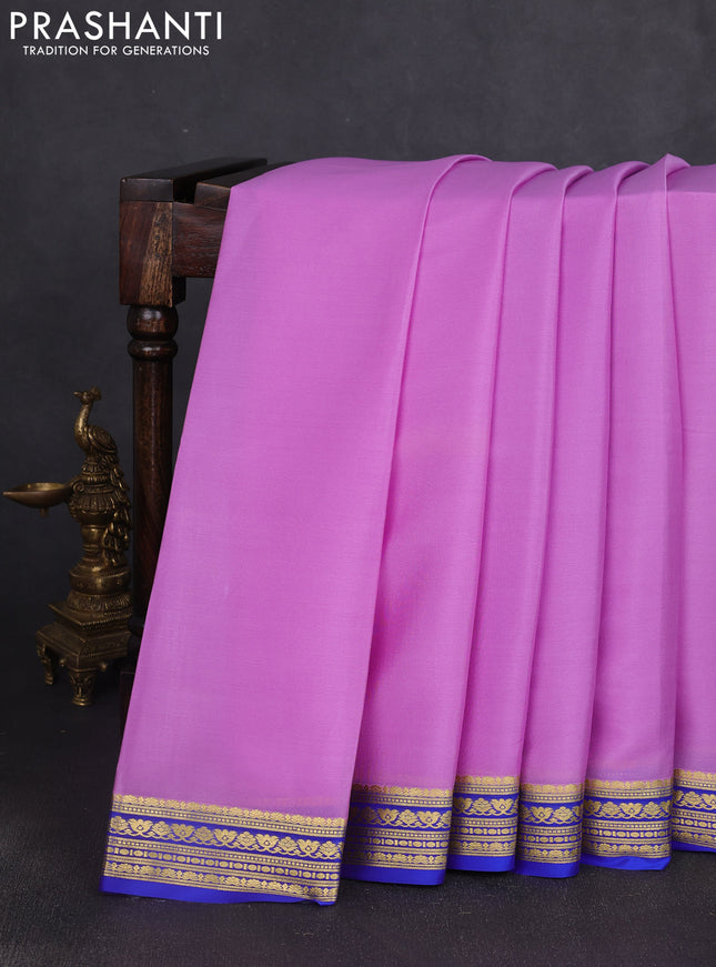 Pure mysore silk saree lavender and blue with plain body and zari woven border