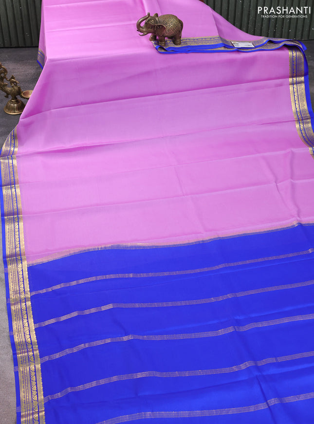 Pure mysore silk saree lavender and blue with plain body and zari woven border