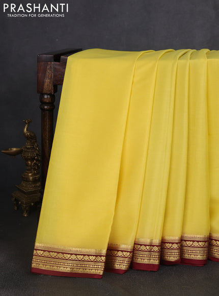 Pure mysore silk saree yellow and deep maroon with plain body and zari woven border