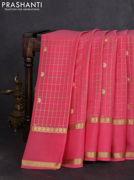 Pure mysore silk saree peach pink with allover zari checks & buttas and rettapet zari woven border
