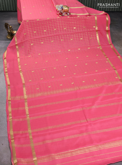 Pure mysore silk saree peach pink with allover zari checks & buttas and rettapet zari woven border