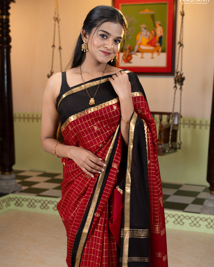 Pure mysore silk saree maroon and black with allover zari checks & buttas and rettapet zari woven border