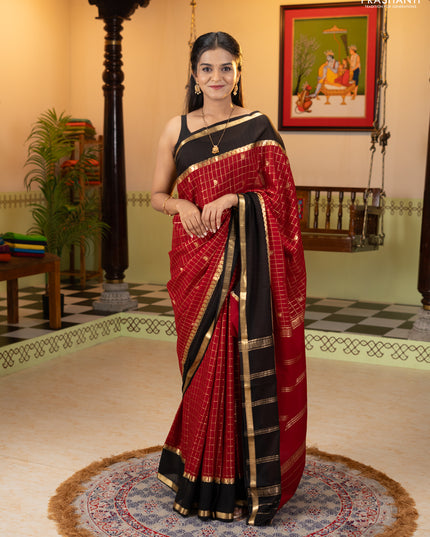 Pure mysore silk saree maroon and black with allover zari checks & buttas and rettapet zari woven border