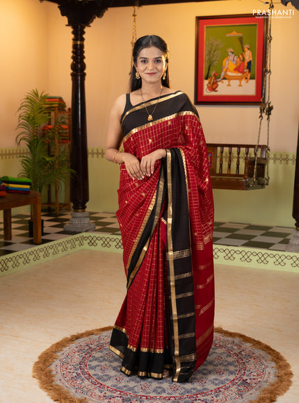 Pure mysore silk saree maroon and black with allover zari checks & buttas and rettapet zari woven border