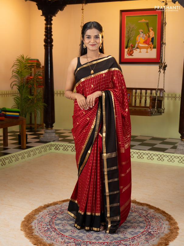 Pure mysore silk saree maroon and black with allover zari checks & buttas and rettapet zari woven border