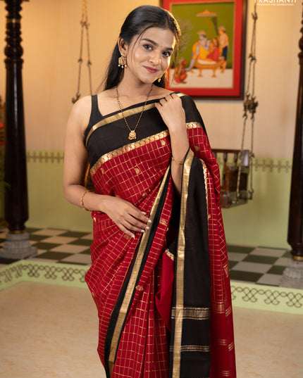 Pure mysore silk saree maroon and black with allover zari checks & buttas and rettapet zari woven border