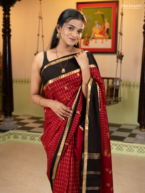 Pure mysore silk saree maroon and black with allover zari checks & buttas and rettapet zari woven border