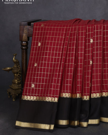 Pure mysore silk saree maroon and black with allover zari checks & buttas and rettapet zari woven border