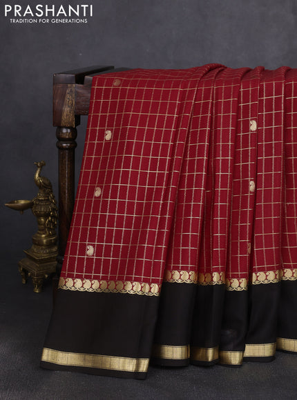 Pure mysore silk saree maroon and black with allover zari checks & buttas and rettapet zari woven border