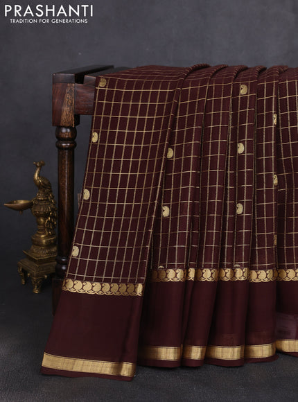 Pure mysore silk saree coffee brown with allover zari checks & buttas and rettapet zari woven border