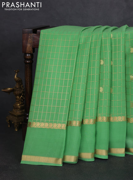 Pure mysore silk saree pastel green shade with allover zari checks & buttas and rettapet zari woven border