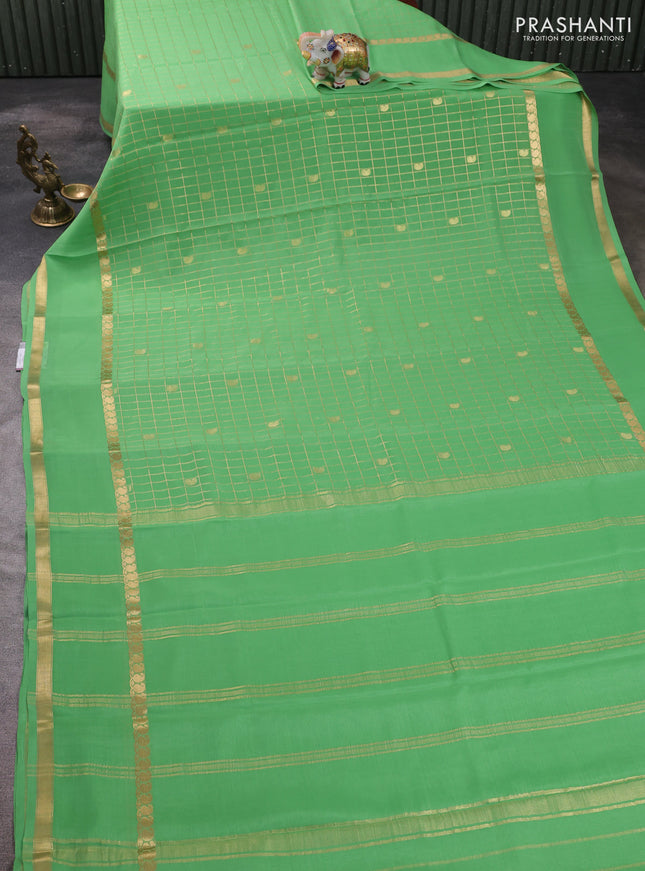Pure mysore silk saree pastel green shade with allover zari checks & buttas and rettapet zari woven border