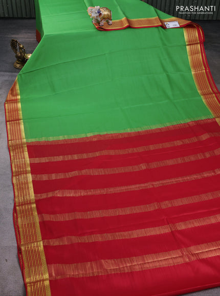 Pure mysore silk saree pastel green shade and red with plain body and zari woven border
