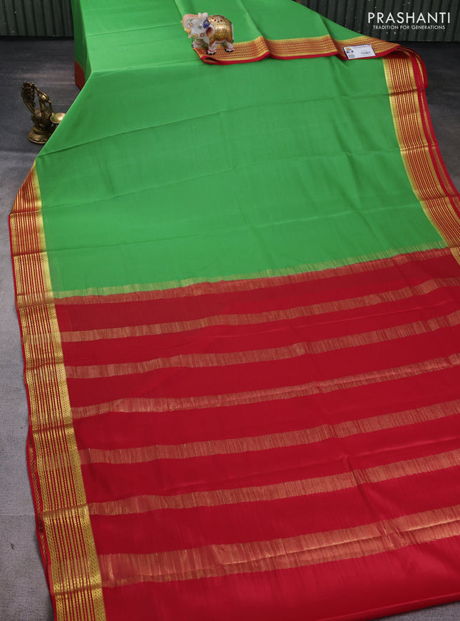 Pure mysore silk saree pastel green shade and red with plain body and zari woven border