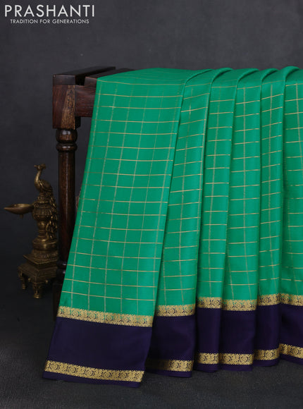 Pure mysore silk saree teal green and navy blue with allover zari woven checked pattern and rettapet zari woven border