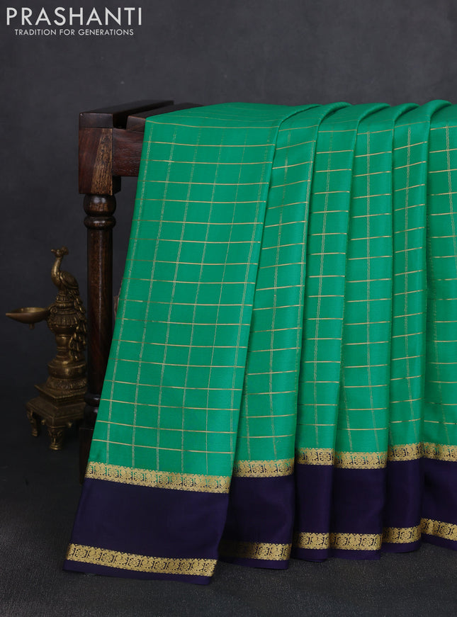 Pure mysore silk saree teal green and navy blue with allover zari woven checked pattern and rettapet zari woven border