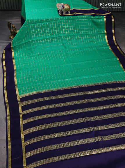 Pure mysore silk saree teal green and navy blue with allover zari woven checked pattern and rettapet zari woven border