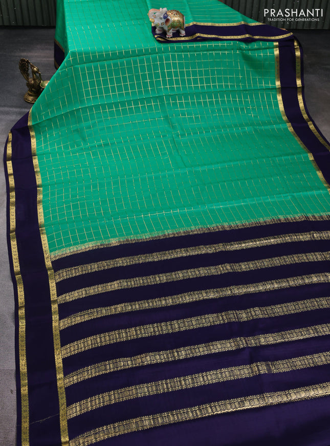 Pure mysore silk saree teal green and navy blue with allover zari woven checked pattern and rettapet zari woven border