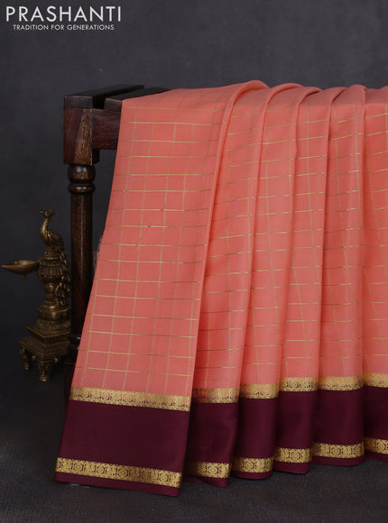 Pure mysore silk saree peach orange and wine shade with allover zari woven checked pattern and rettapet zari woven border