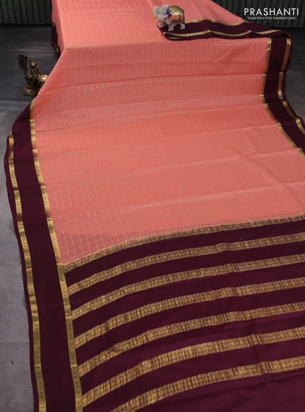 Pure mysore silk saree peach orange and wine shade with allover zari woven checked pattern and rettapet zari woven border