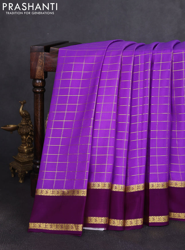Pure mysore silk saree lavender and purple with allover zari woven checked pattern and rettapet zari woven border