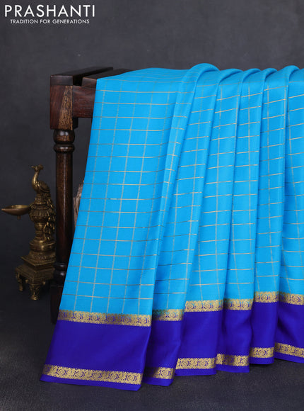 Pure mysore silk saree light blue and blue with allover zari woven checked pattern and rettapet zari woven border