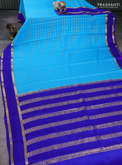 Pure mysore silk saree light blue and blue with allover zari woven checked pattern and rettapet zari woven border