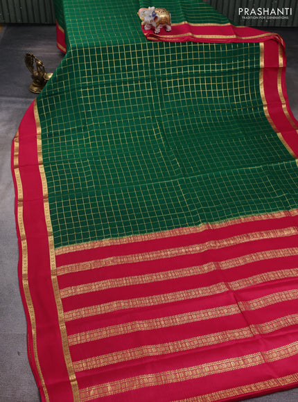 Pure mysore silk saree green and pink with allover zari woven checked pattern and rettapet zari woven border