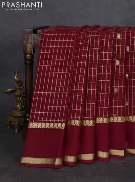 Pure mysore silk saree maroon with allover zari checks & buttas and rettapet zari woven border