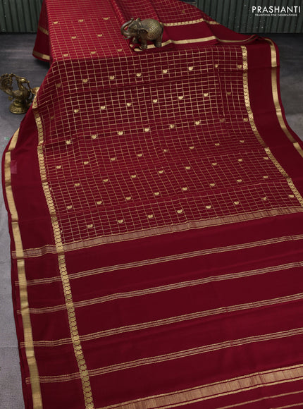 Pure mysore silk saree maroon with allover zari checks & buttas and rettapet zari woven border