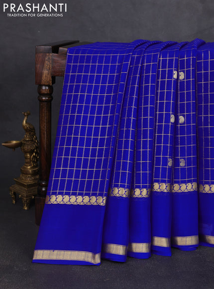 Pure mysore silk saree royal blue with allover zari checks & buttas and rettapet zari woven border