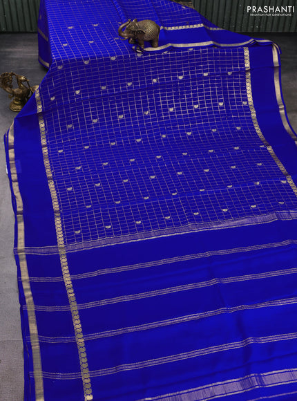 Pure mysore silk saree royal blue with allover zari checks & buttas and rettapet zari woven border