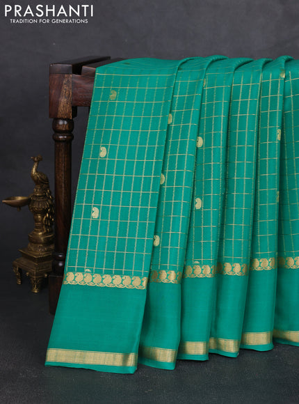 Pure mysore silk saree teal green with allover zari checks & buttas and rettapet zari woven border