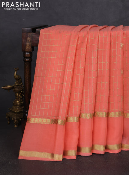 Pure mysore silk saree peach orange with allover zari checks & buttas and rettapet zari woven border