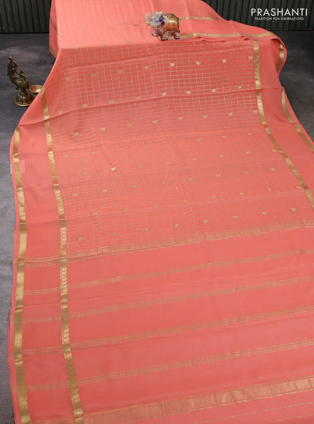 Pure mysore silk saree peach orange with allover zari checks & buttas and rettapet zari woven border