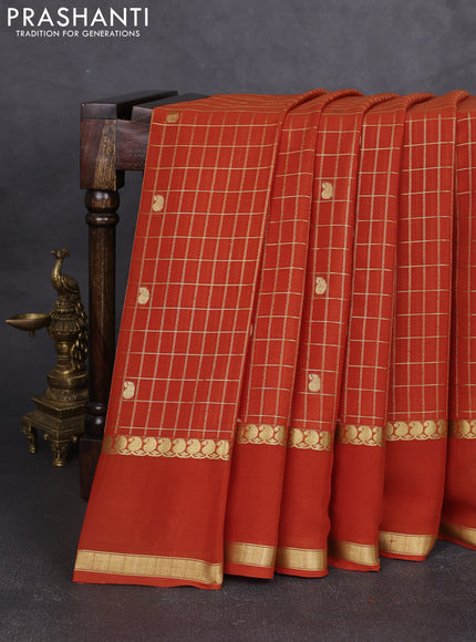 Pure mysore silk saree rustic orange with allover zari checks & buttas and rettapet zari woven border