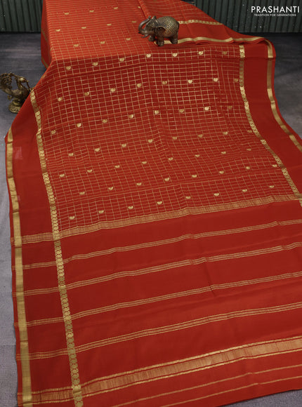 Pure mysore silk saree rustic orange with allover zari checks & buttas and rettapet zari woven border