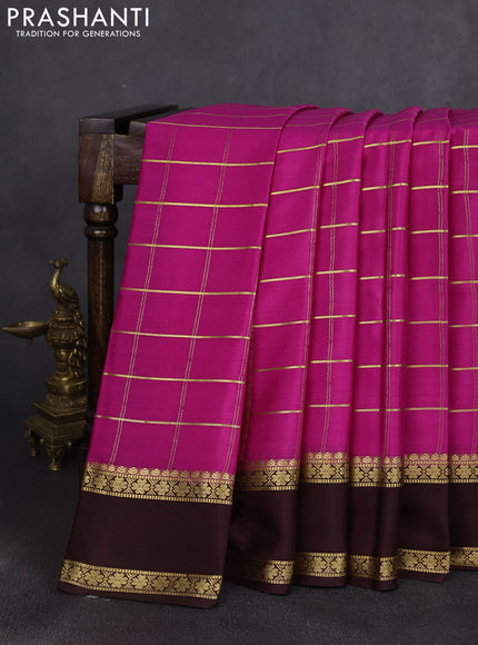 Pure mysore silk saree pink and coffee brown with allover zari woven checked pattern and rettapet zari woven border