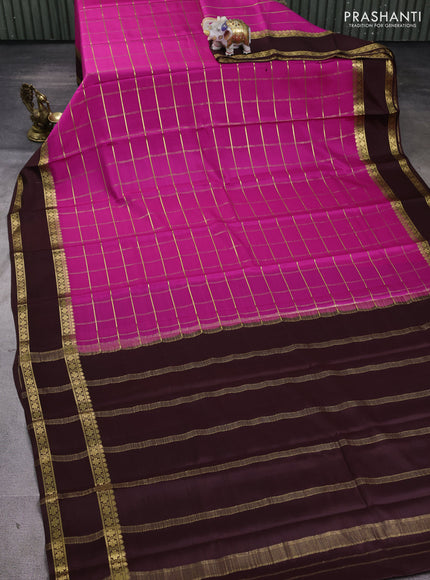 Pure mysore silk saree pink and coffee brown with allover zari woven checked pattern and rettapet zari woven border