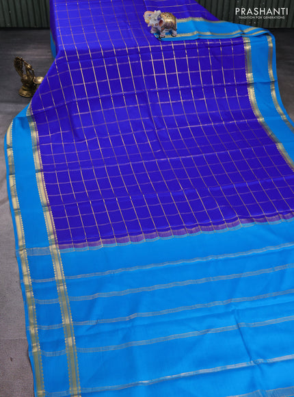 Pure mysore silk saree royal blue and cs blue with allover zari woven checked pattern and rettapet zari woven border