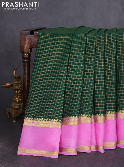 Pure mysore silk saree green and lotus pink with allover zari woven checked pattern and rettapet zari woven border